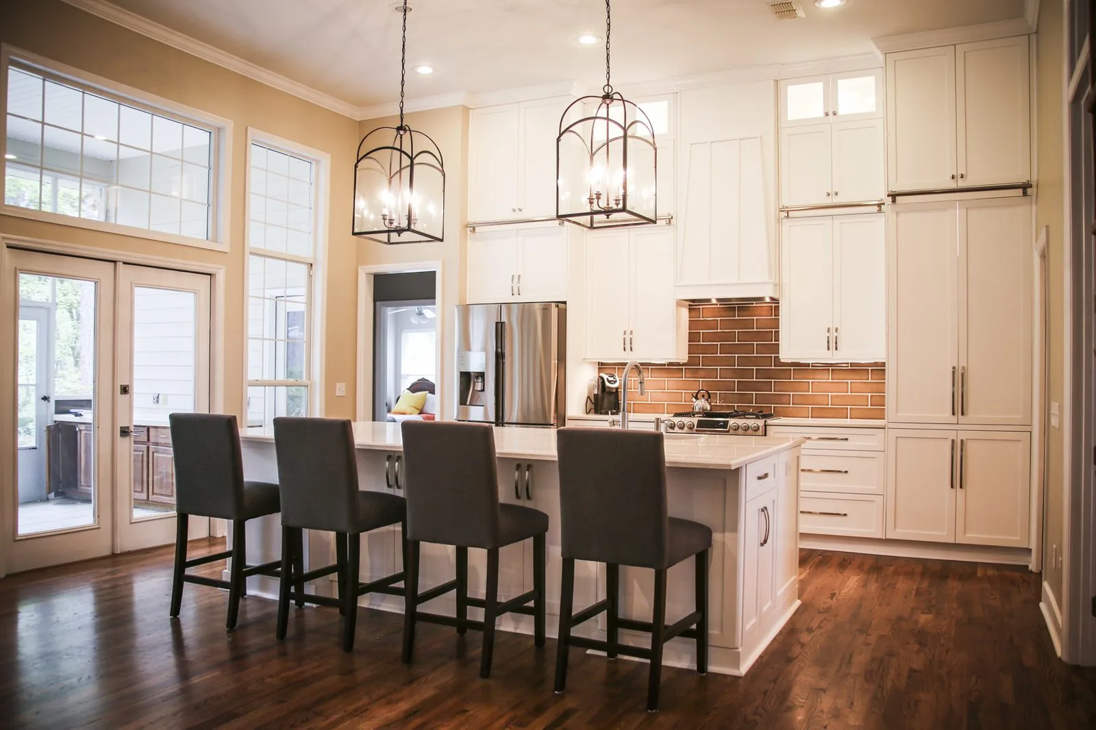 American made kitchen cabinets with long white island