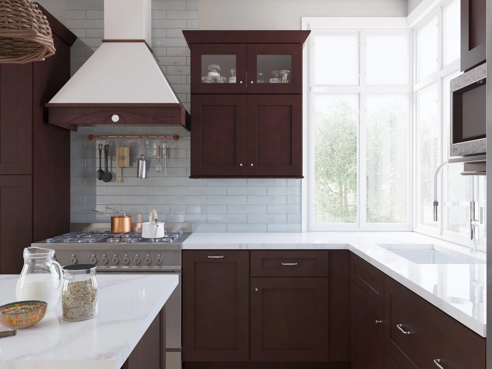 Custom two-tone kitchen with dark wood cabinetry and white countertops