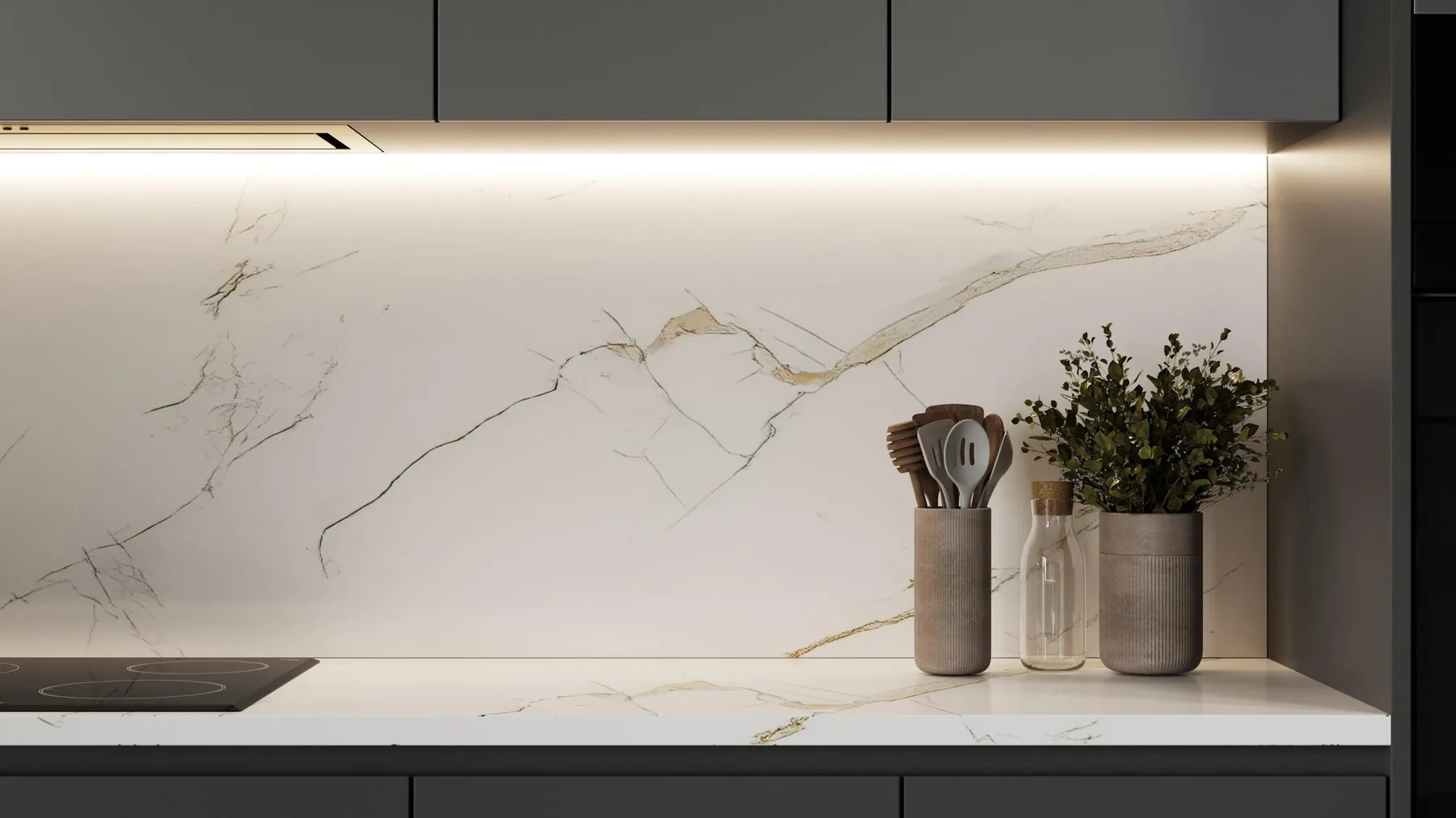 Porcelain countertop with backlit backsplash